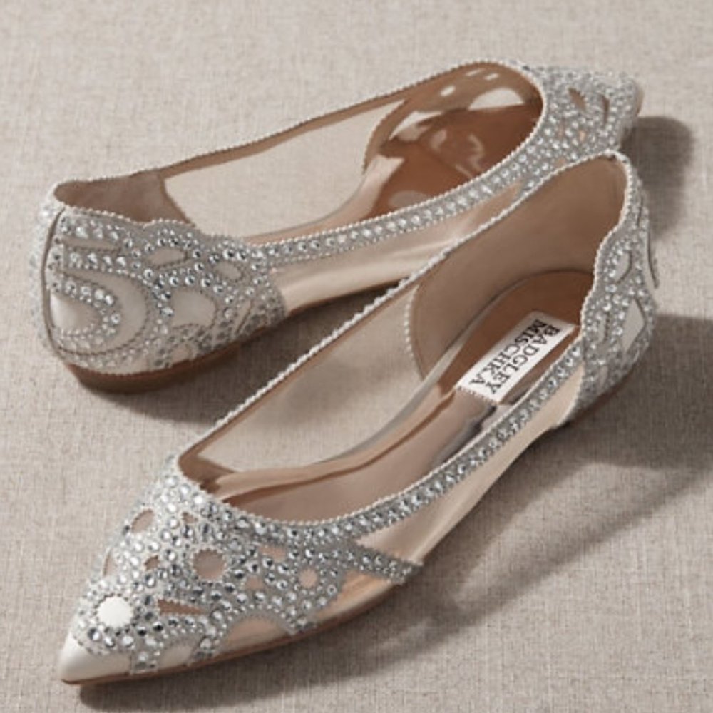 Badgley Mischka BHLDN Size 7 Gigi Pointed Toe Jeweled Ivory Ballet Flats Shoes